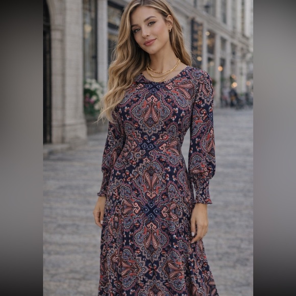 New! Boden Blue Botanic Paisley Smocked Cuff Midi Dress Size 12R 36068 - Picture 2 of 16